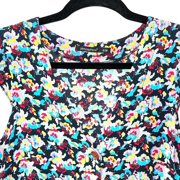 Atmosphere Black & Multicolor Ditsy Floral Print Ruffle Mini Dress 8 Women’s - Picture 2 of 11